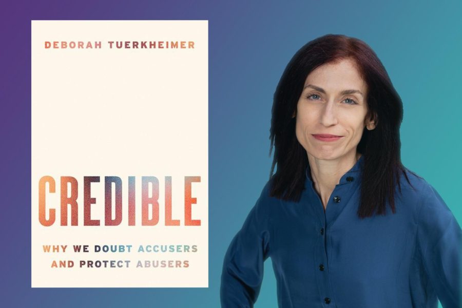 The cover of the book “Credible: Why We Doubt Accusers and Protect Abusers” (left) next to a headshot of Pritzker Prof. Deborah Tuerkheimer (right), blue and purple gradient background