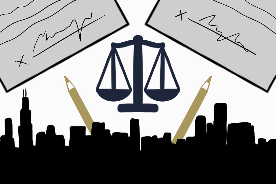 Scales of justice in the center of the image. Two pencils come out from a city on the bottom of the paper and two papers with signatures on the top two corners.