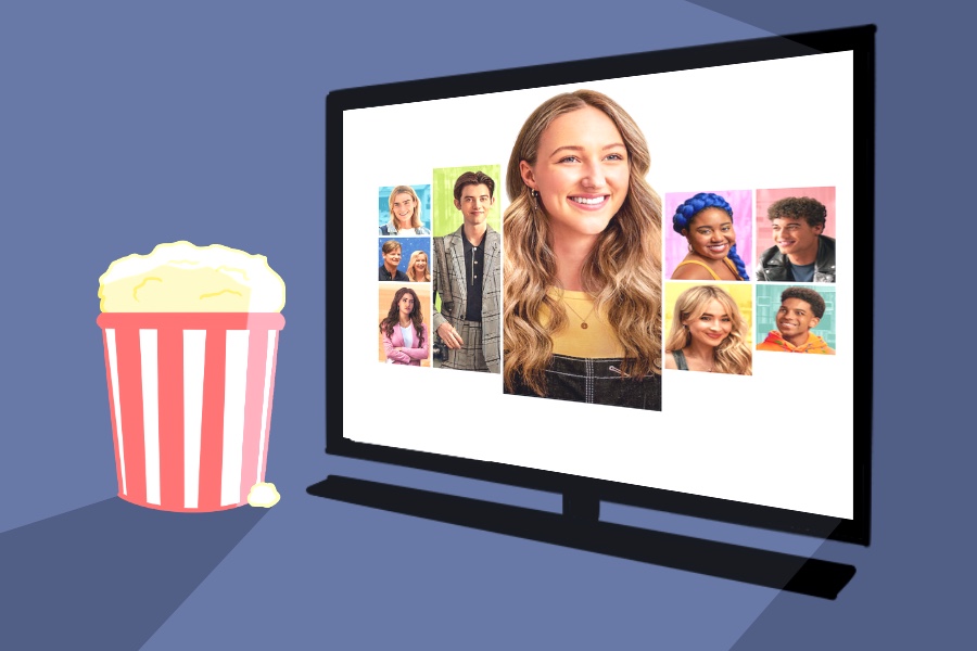 A graphic with the tall girl cast on a computer screen and a bag of popcorn.