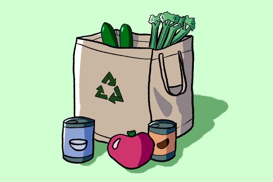 A brown bag with a green recycling symbol stands with two cans, one with a blue label and one with a brown label, as well as a tomato. There are cucumbers and celery in the bag, which casts a shadow on the green background of the illustration.