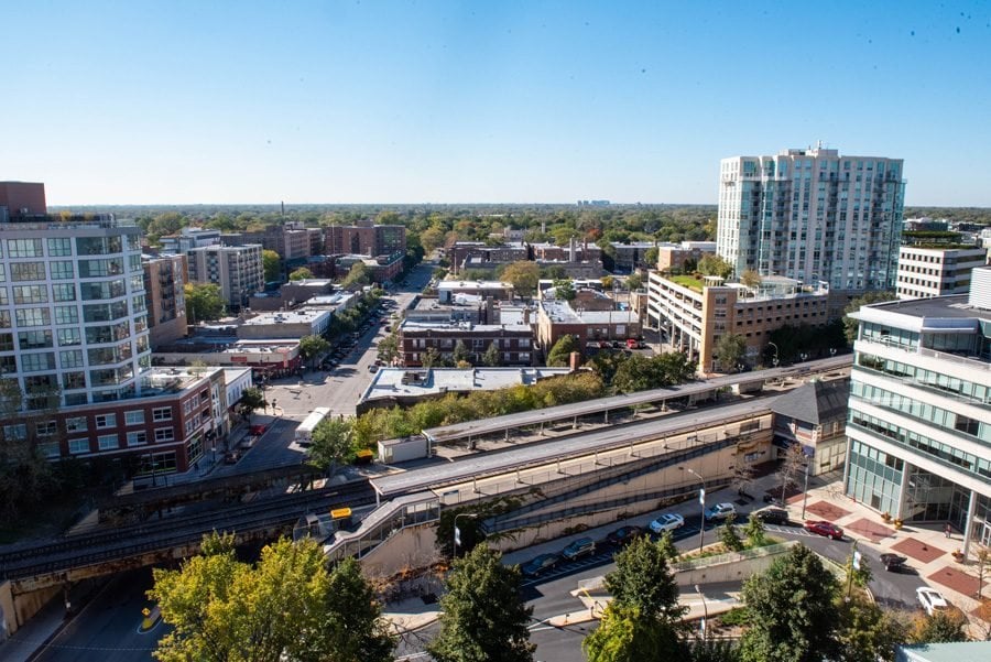 An aerial view of downtown Evanston. The Downtown Evanston business district is planning to work on attracting more office tenants and investing in apartment building developments in order to stimulate economic growth post-pandemic.
