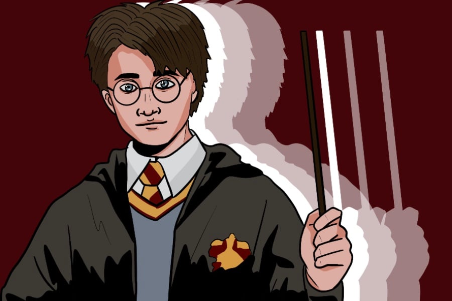 An illustration of J.K Rowling’s Harry Potter holding a wand while wearing his Hogwarts robes and round glasses against a maroon background. Behind Harry lies three copies of his shadow, fading in the distance.