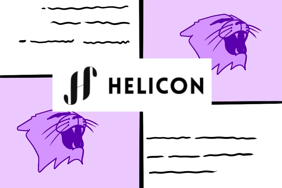 The Helicon symbol with two purple wildcats on the top right and bottom left corners with scribbled writing in the other two corners.