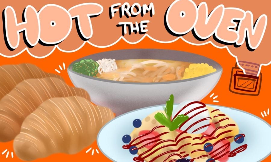 A group of dishes on an orange background with the words Hot from the Oven in bubble letters across the top.