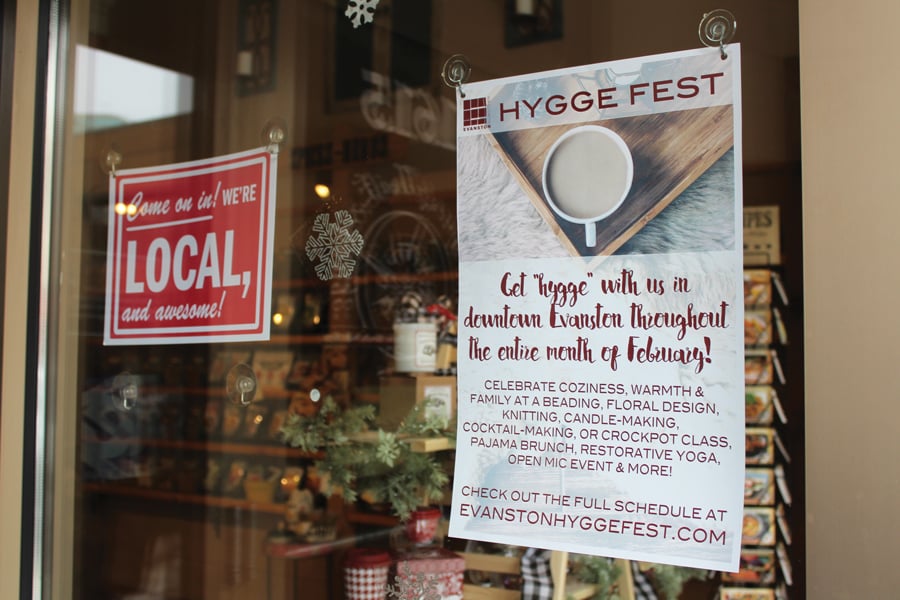A+Hygge+Fest+sign+on+a+storefront+in+Evanston.