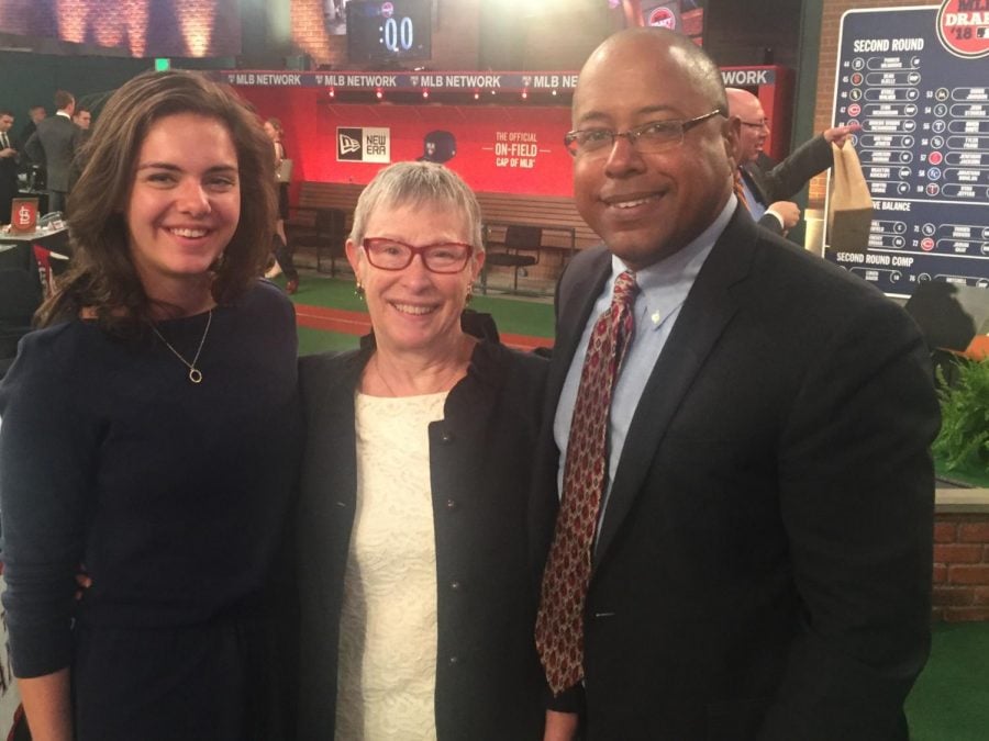 Katie Krall (left) poses for a picture on her first day of work at the 2018 MLB First Year Player Draft. Krall joined the three-year MLB Inaugural Fellowship program this summer.