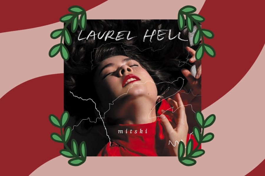 The cover of “Laurel Hell” framed by branches on a red and pink striped background.