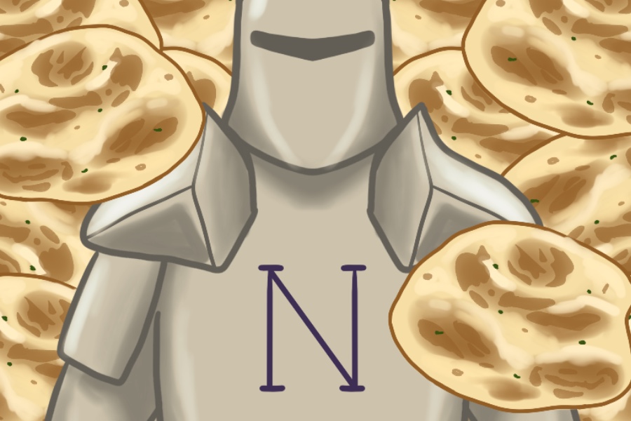A knight with an “N” on the chest of armor surrounded by naan.