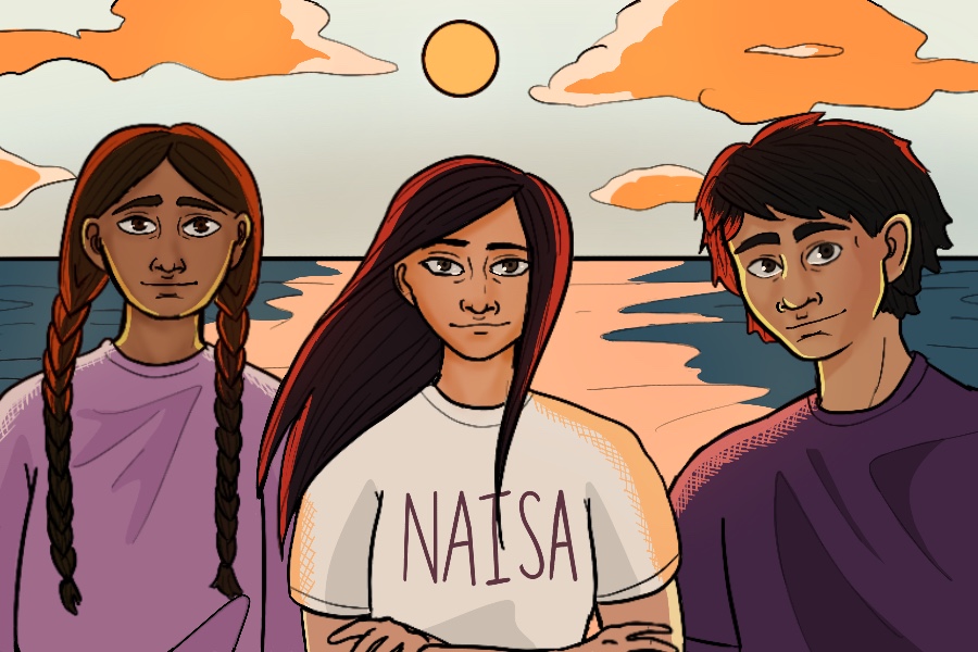 An illustration of three people standing in front of a setting sun. Behind them is a lake that reflects the sun.