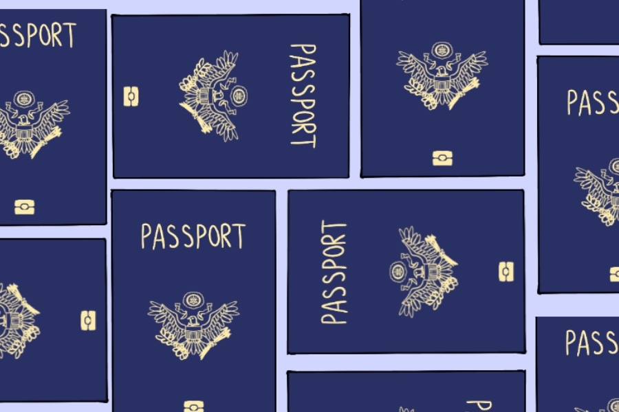 An illustration of many US passports oriented in different directions.
