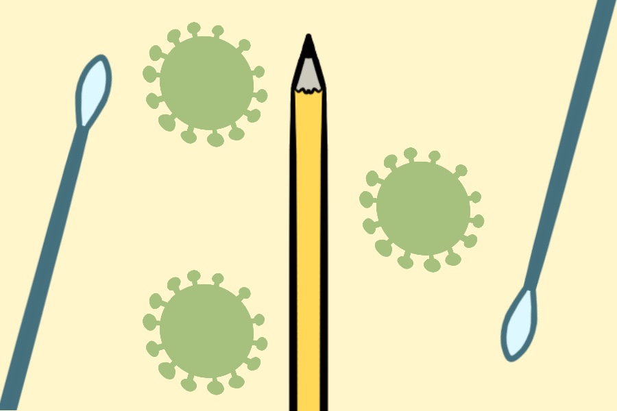 Pencil facing up through the middle with one cotton swab (vertical, facing opposite directions) on each side. Two microbes to the right of the pencil and one to the left.