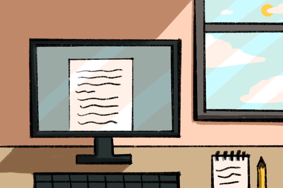 Illustration of computer with the screen projecting a piece of paper with work. Next to the keyboard of the computer, there’s a notepad and a pencil. There’s a window in the background next to the computer.