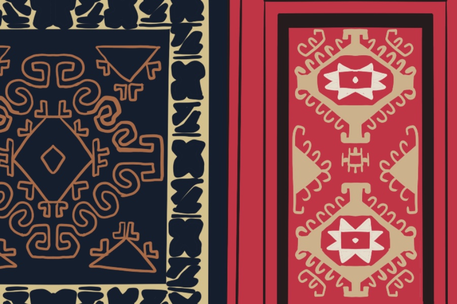 A navy rug and a red rug with gold, white and bronze details.