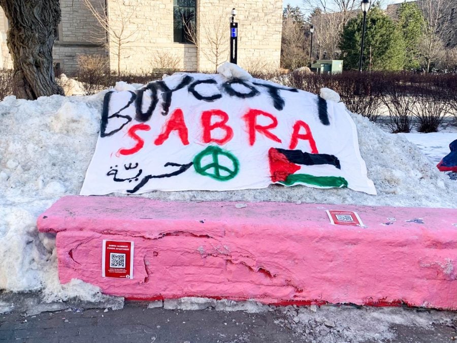 A white banner that reads “Boycott Sabra” above a drawing of the Palestinian flag on a pile of ice in front of a pink bench.