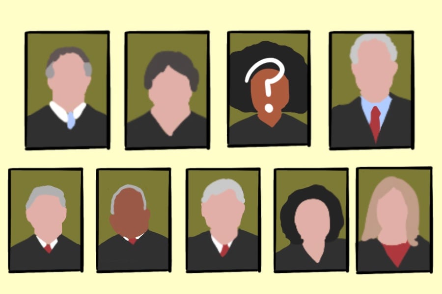 Nine rectangular faceless portraits of Supreme Court Justices, one of a black woman covered by a white question mark.