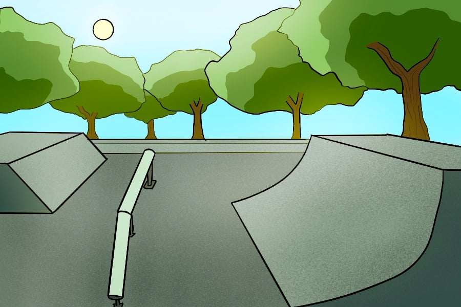 An illustration of a skate park with a ramp on a sunny day.