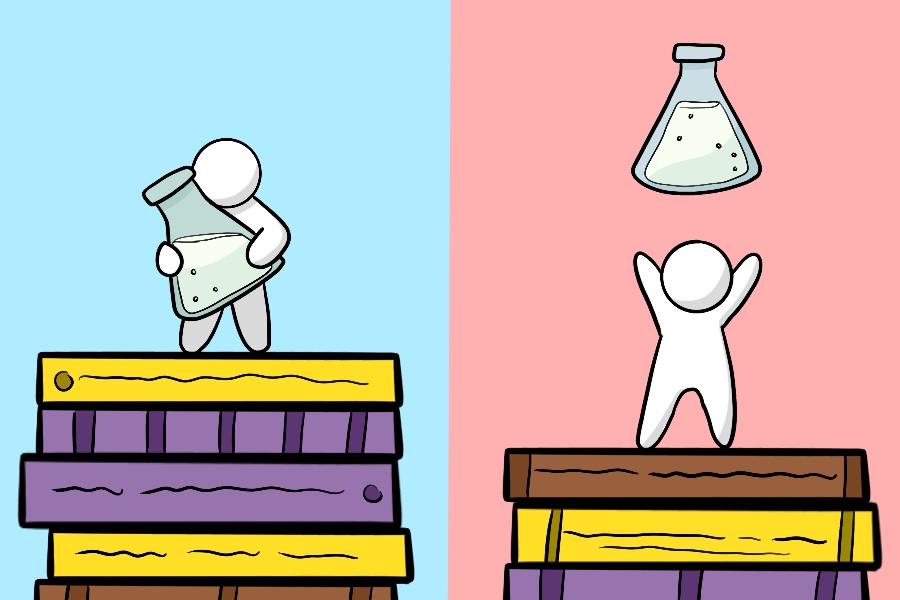 An illustration of two generic people-figures on unbalanced book stacks, with the one on the top stack holding a scientific flask and the one on the lower stack throwing the flask in the air.