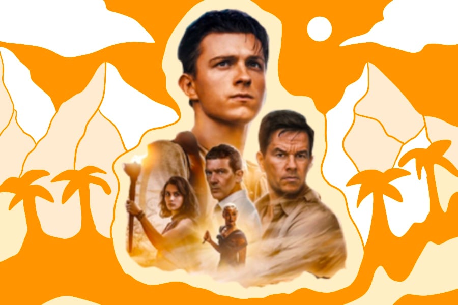 Five main characters from “Uncharted,” before an orange and white background of palm trees and mountains
