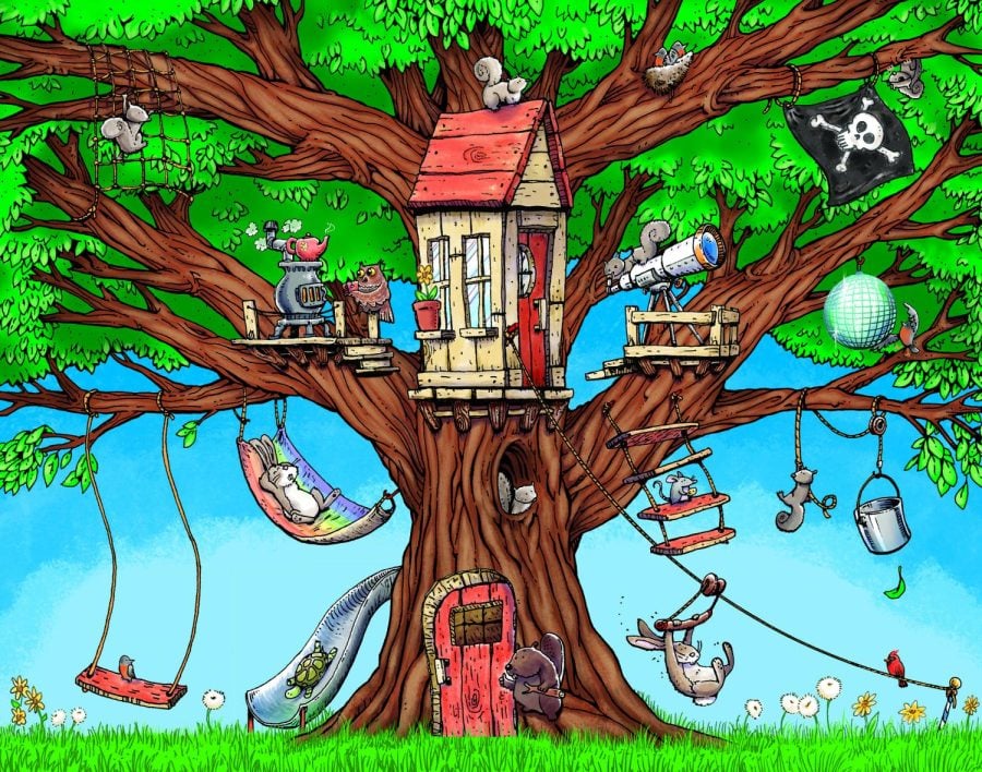 An illustration by Matthew LaFleur for his new board game, Ultimate Treehouse. The image shows a large tree in the center with several branches extending outward. There is a treehouse in the center of the tree, with several animals, platforms, swings and ladders on the branches.