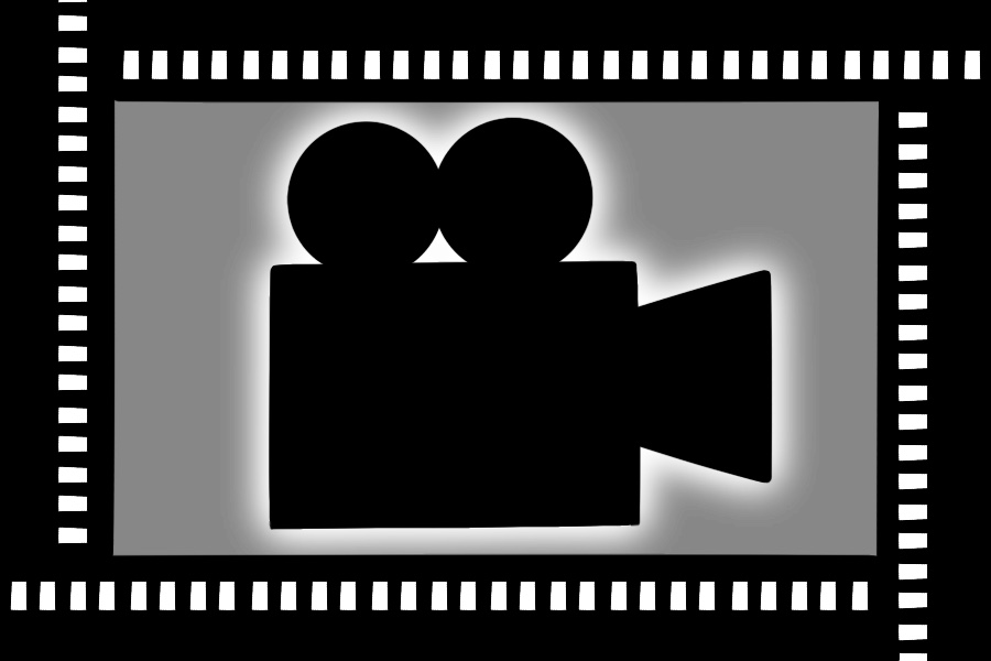 The black and white illustration shows the silhouette of a camera in the middle and tapes surrounding the camera.
