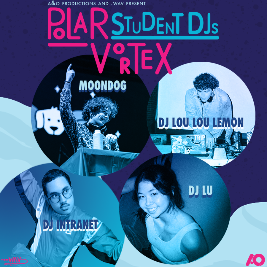 Graphic design with primarily pink, blue and purple colors. Top words include A&O Productions and .WAV Present Polar Vortex Student DJs. Four DJs are featured in circles with their corresponding names: Moondog, DJ Lou Lou Lemon, DJ Intranet, and DJ Lu.