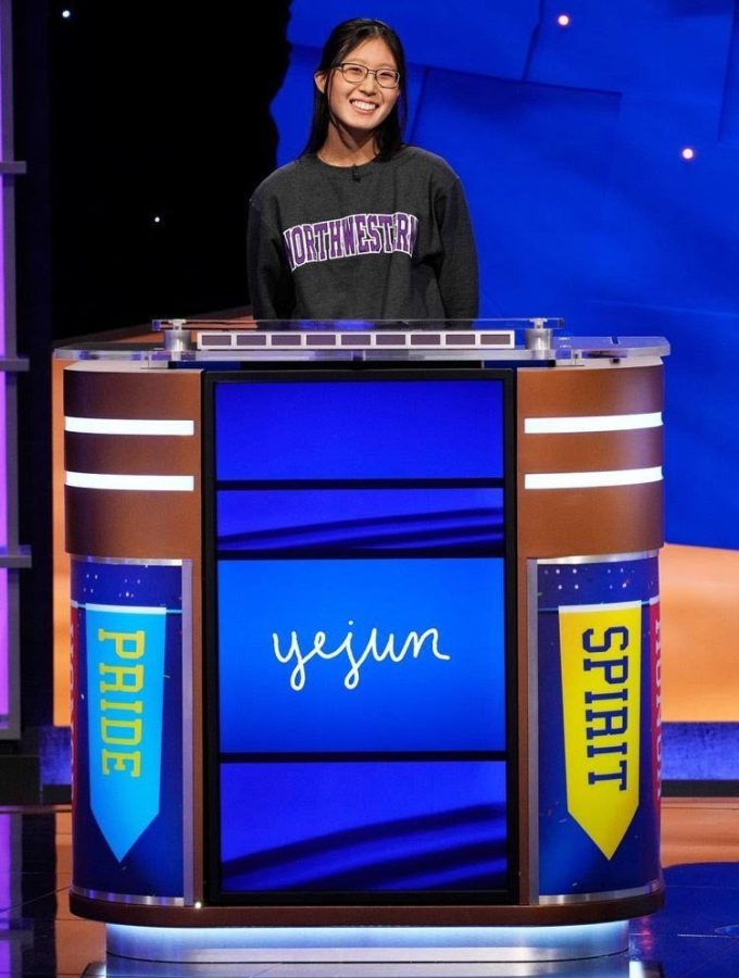 Yejun Kim stands at the Jeopardy podium. Kim finished in second place in the quarterfinals of the Jeopardy National College Championship.