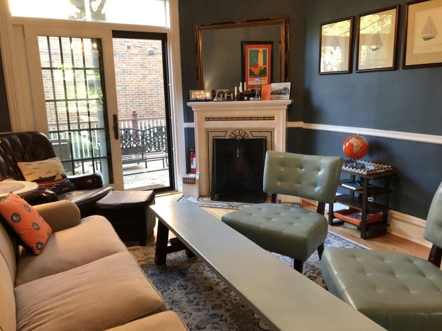 The living room workspace at Writer’s Haven Evanston. The collaboration space, specifically designed for women writers, is reopening this winter after being closed for nearly two years due to the pandemic.
