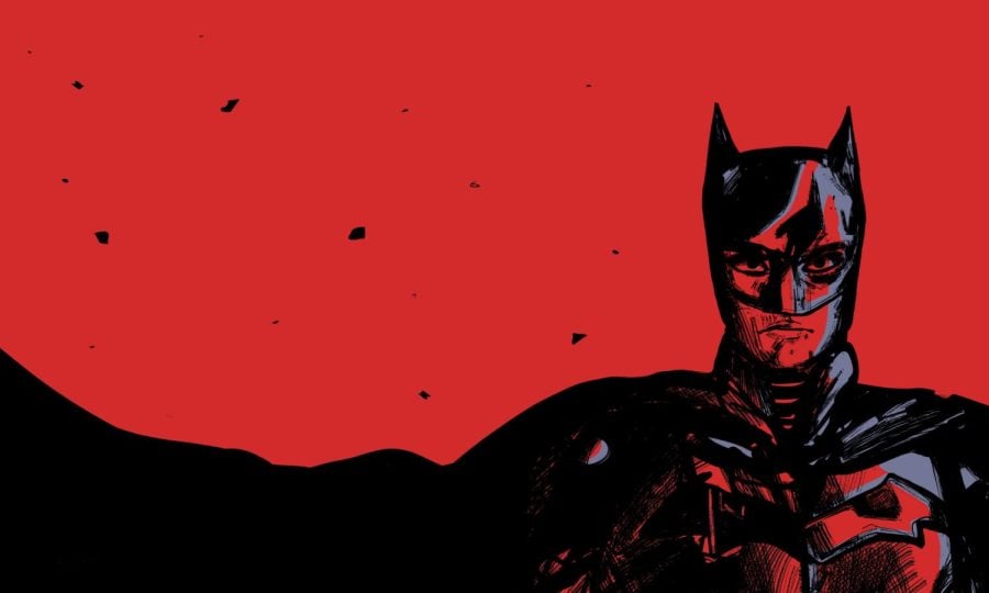 The Batman stands in front of a red background.
