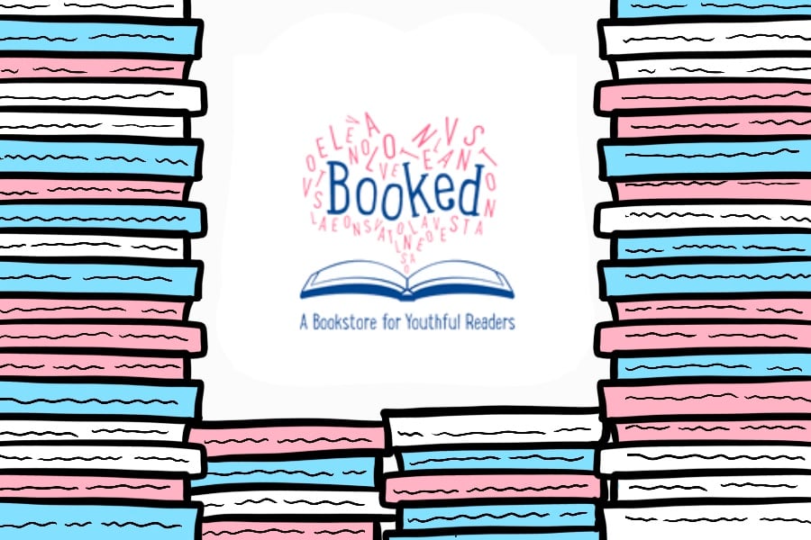 The logo of Booked surrounded by illustrated blue, pink and white books.
