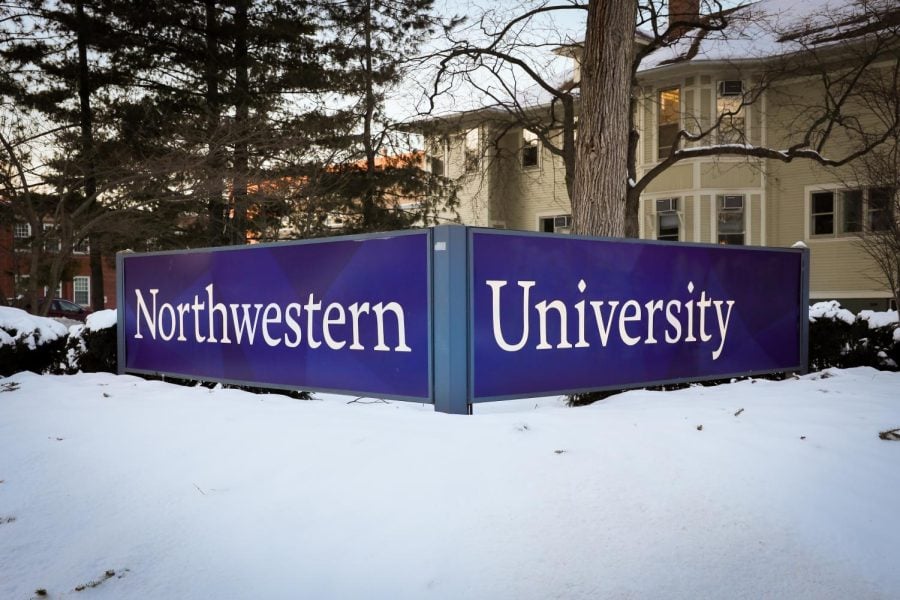The Northwestern University sign in the snow.