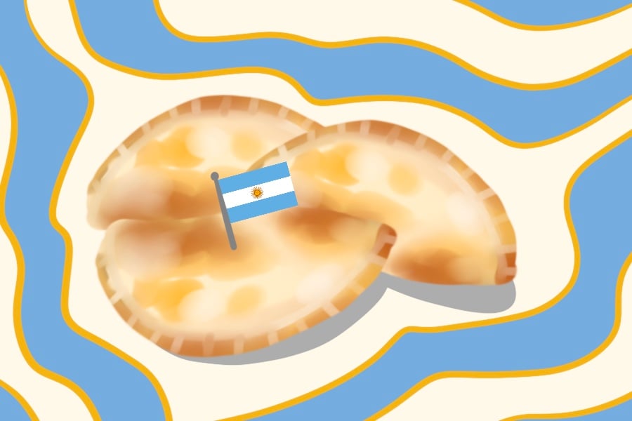 Three light brown empanadas with an Argentina flag stuck in one of them are stacked on top of each other with a white, yellow, and light blue swirl background.