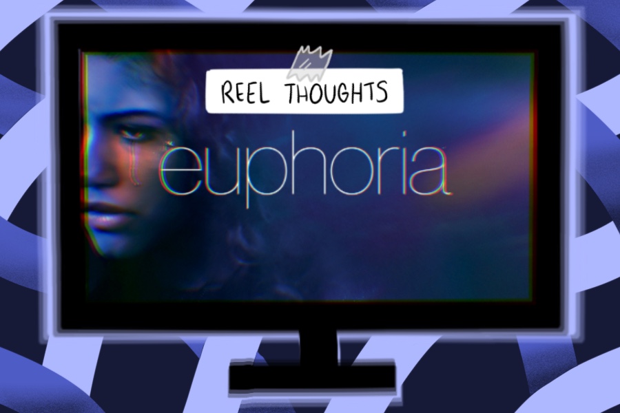 A+purple+graphic+with+the+Euphoria+poster+on+a+screen+featuring+actress+Zendaya.+The+header%2C+%E2%80%9CReel+Thoughts%E2%80%9D+is+covered+with+tape.