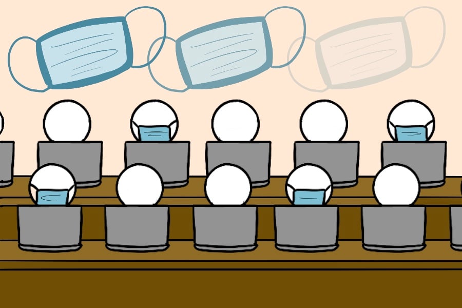 The illustration represents a classroom in which four students (represented by circles) are wearing a mask and six are not. Above the students are drawings of three blue masks. The masks appear from left to right, and each mask appears more faded than the last.
