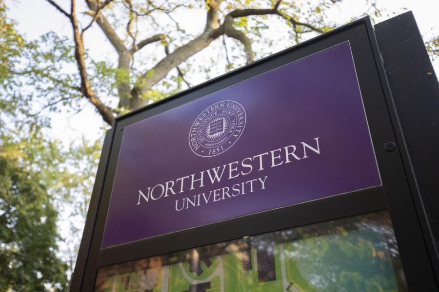 A purple photo of a sign reading, Northwestern University.