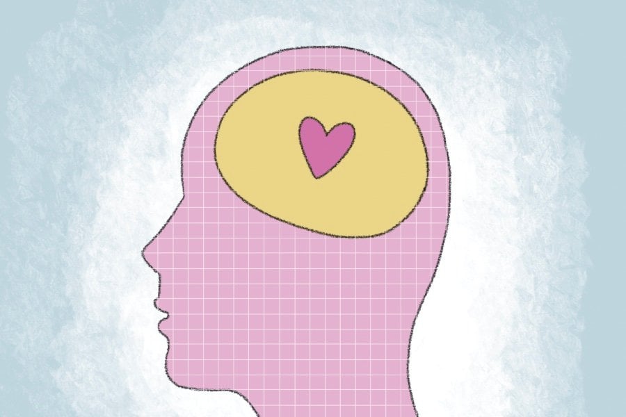A silhouette of a head colored in pink. The brain is drawn in yellow with a pink heart inside. The background is blue and white.