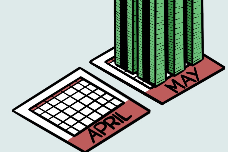 An April and May calendar are displayed next to each other. The May calendar has stacks of bills on it.
