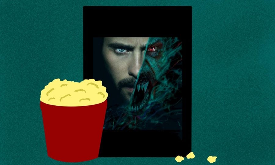 A+close-up+of+Michael+Morbius+amid+an+image+of+popcorn+pictured+left.