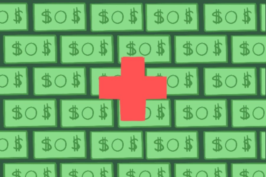 An illustration of a red medical aid cross over a background of American bills.