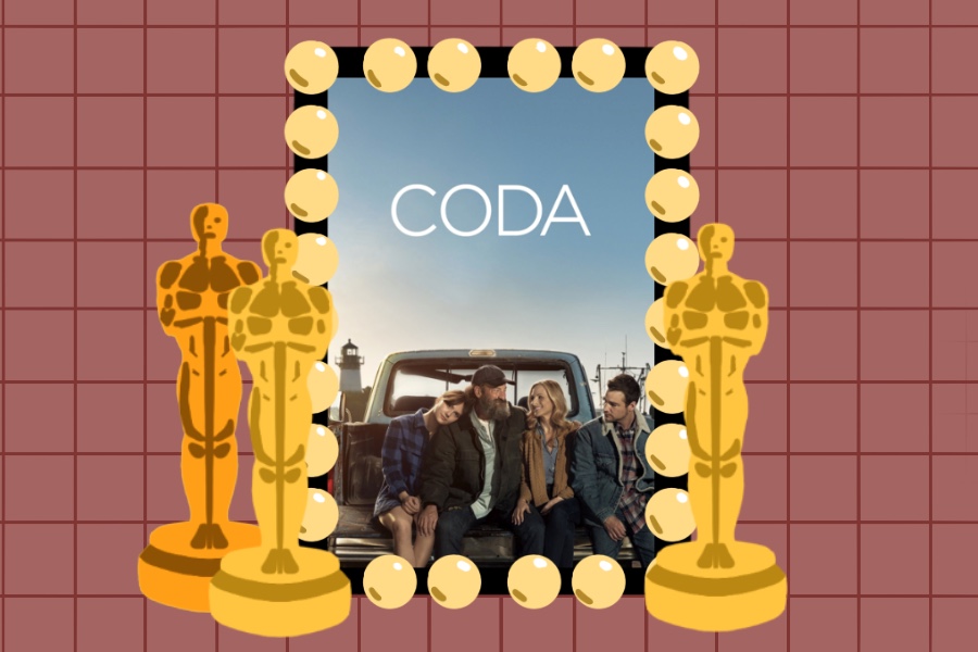 A poster of four people sitting on a truck bed, reading “CODA” at the top. The poster is surrounded by yellow circle lights and three golden Oscar awards. The background is a red grid.