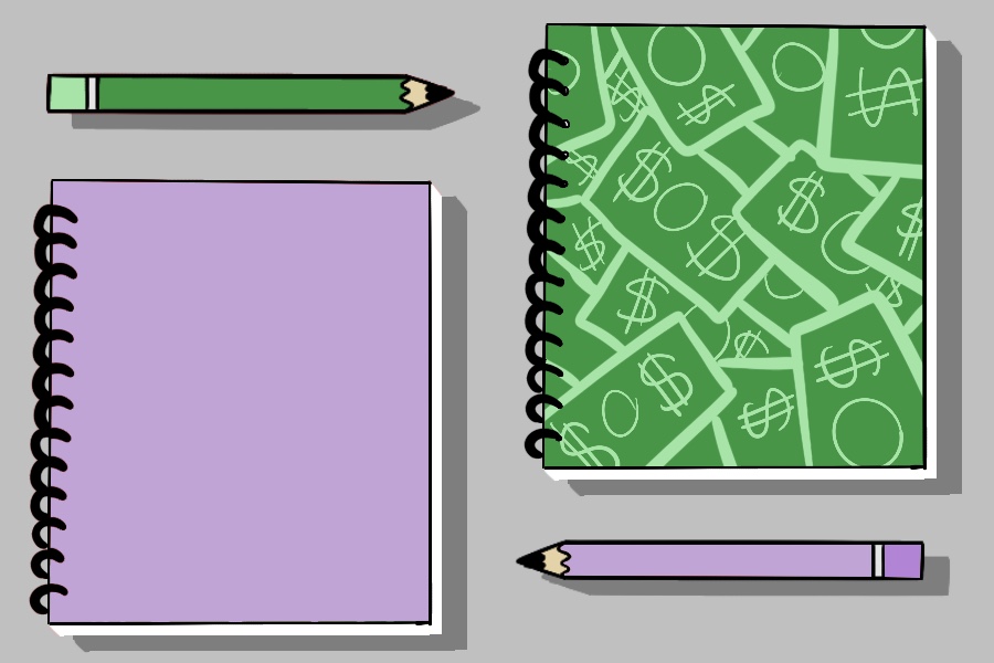 An illustration of a purple notebook to the left of a green notebook, with green and purple pencils to the top and bottom of the notebooks, respectively.