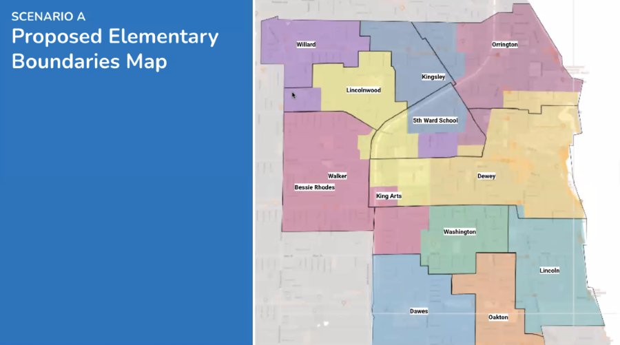 A map of Evanston divided into elementary school zone districts. Colored blocks define the edges of the current school zones, and black lines outline the boundaries proposed by the SAP committee.