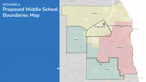 A map of Evanston divided into middle school zone districts. Colored blocks define the edges of the current school zones, and black lines outline the boundaries proposed by the SAP committee for Scenario A. There’s an additional neighborhood middle school, the 5th Ward school, under the proposed plan.
