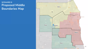 A map of Evanston divided into middle school zone districts. Colored blocks define the edges of the current school zones, and black lines outline the boundaries proposed by the SAP committee for Scenario B. The proposed plan makes King Arts a neighborhood school.