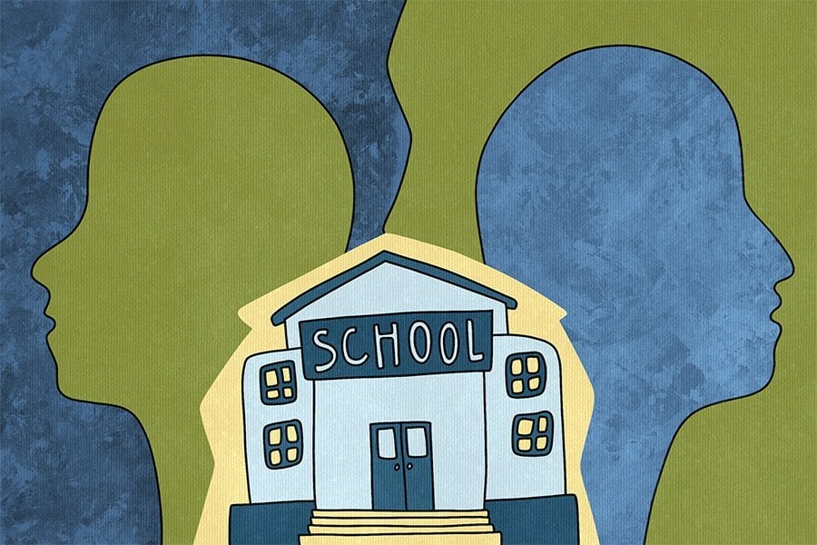 An illustration of a school with two faces in side profile as the background. The colors are green and blue.