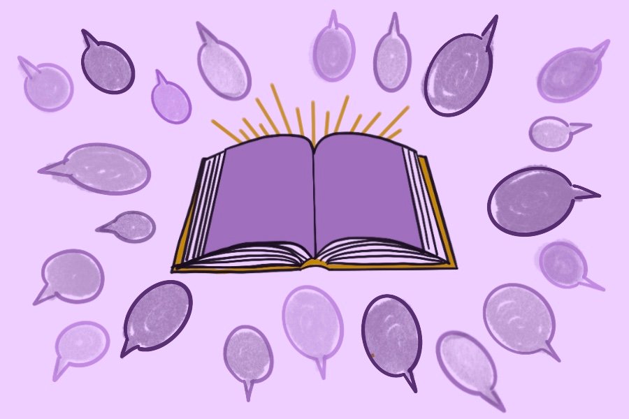 An illustration of an open, purple-colored book surrounded by doodled speech bubbles.