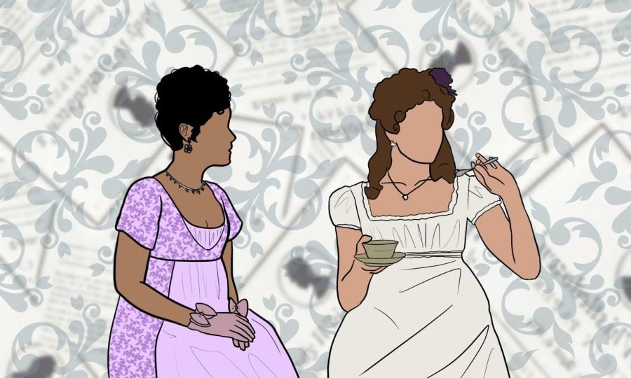 Two women in Regency-era dresses and hair stand against an ornately patterned background.