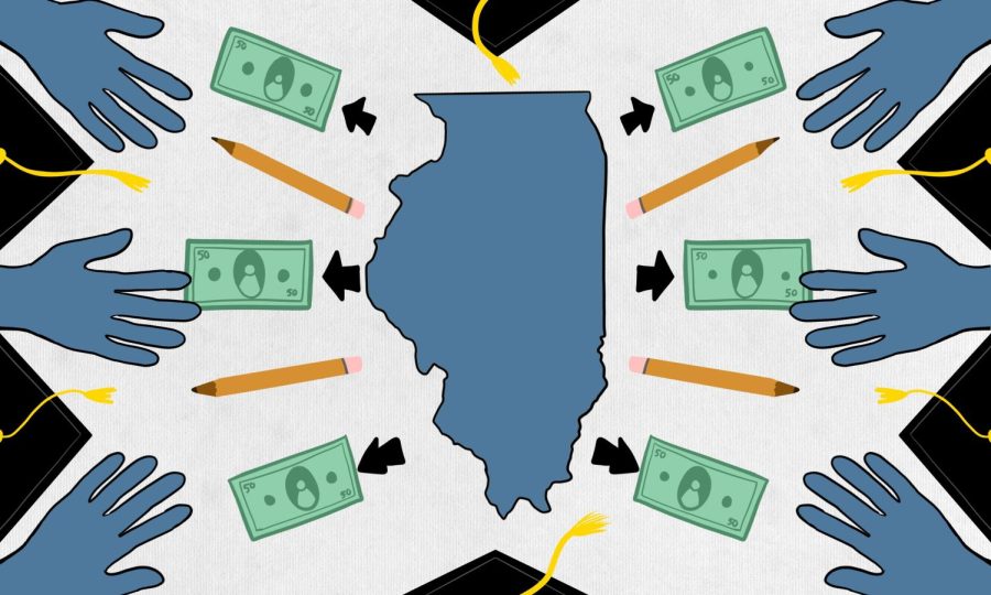 An outline of Illinois surrounded with illustrations of dollar bills and pencils. Blue outlines of hands reach from the outside.