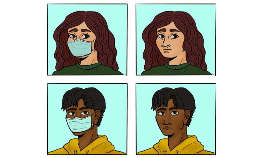 Four squares with illustrations of people in them. On the left side, two people wear masks, and on the right, the same people are unmasked.