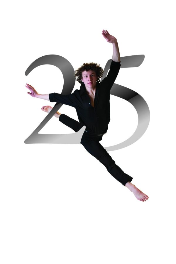 A person performs a dance leap. A graphic of the numbers “25” is superimposed.