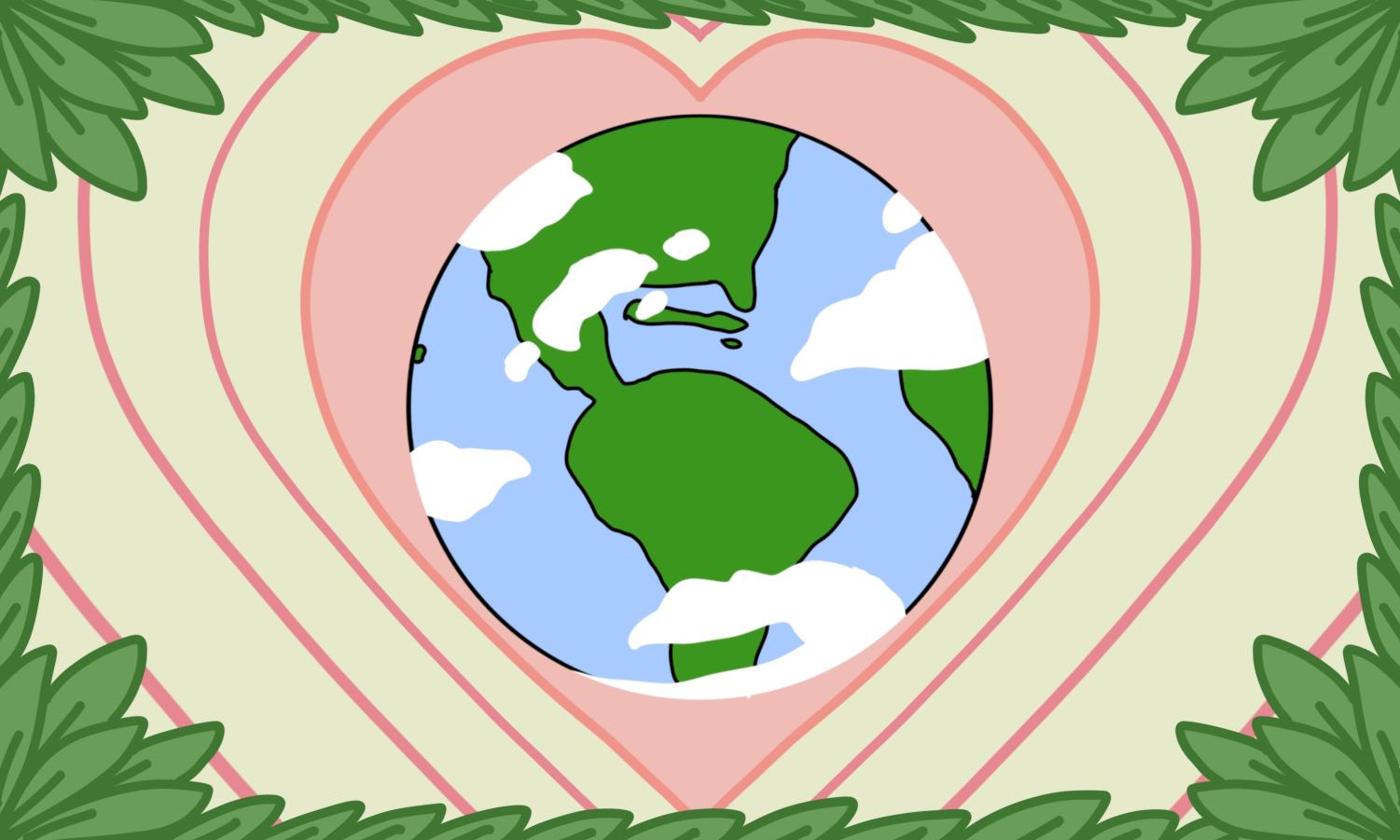 A+drawing+of+a+globe+with+clouds+is+surrounded+by+a+pink+heart.+The+illustration+is+framed+with+drawings+of+leaves.